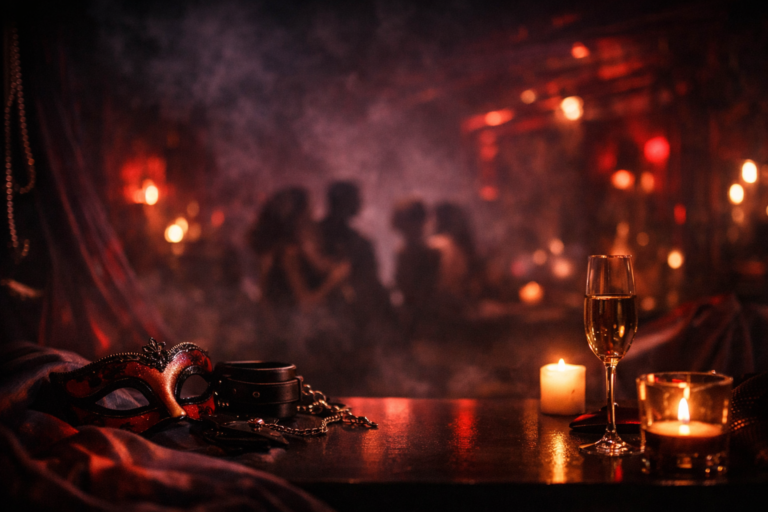 Mesa con máscara veneciana, velas y copa junto a accesorios de bondage en un ambiente oscuro y elegante.