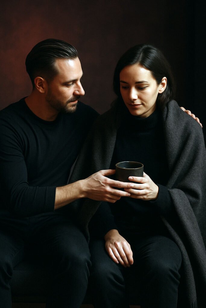 Dos adultos vestidos de oscuro en un ambiente tenue compartiendo un momento de cuidado y calma después de una experiencia intensa