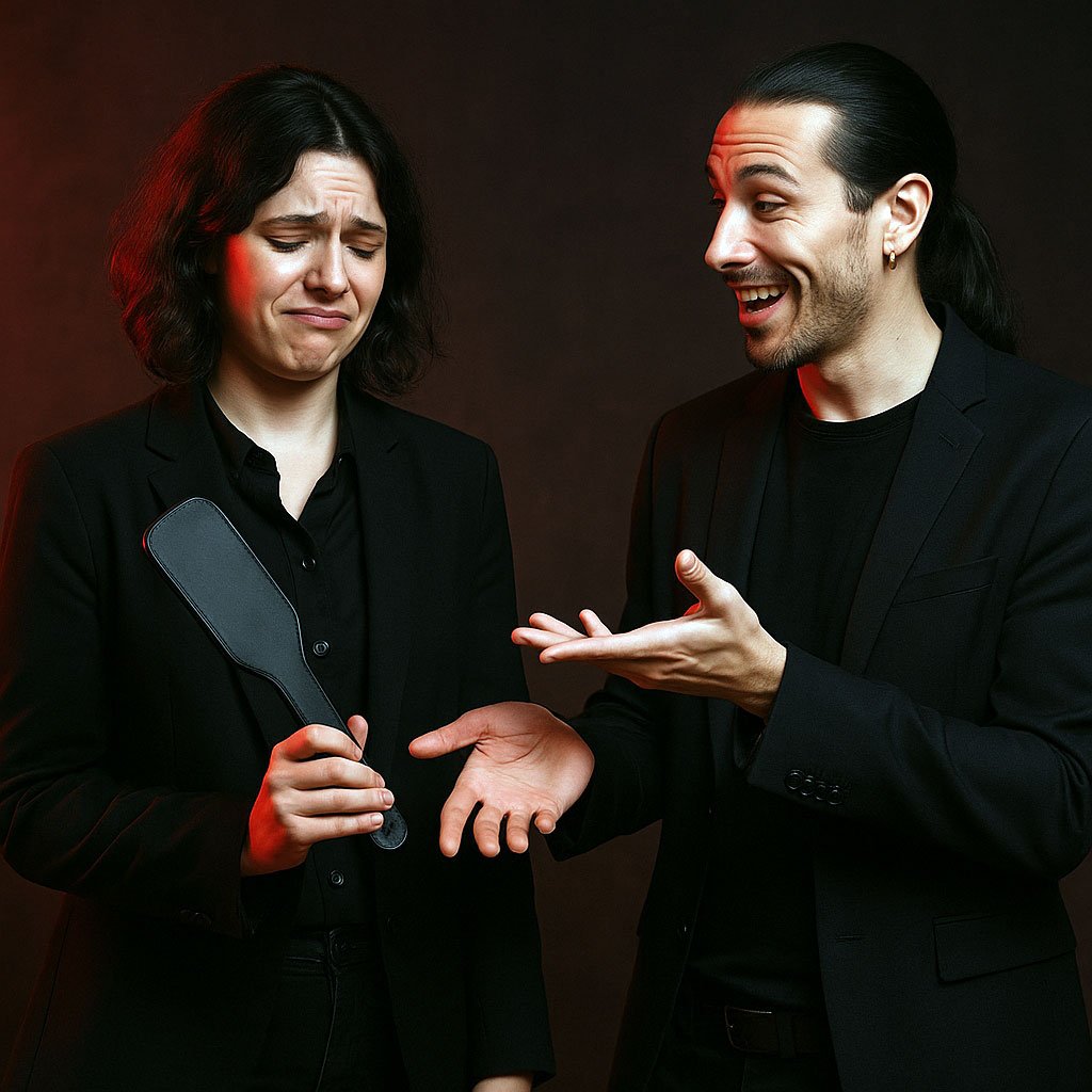 Dos adultos vestidos de oscuro mostrando de forma divertida un error común al sostener un accesorio, en un ambiente con luz tenue