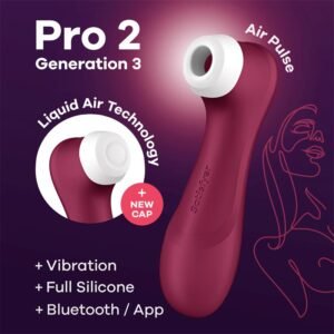 Succionador Satisfyer Pro 2 Gen 3 en color vino, con tecnología Liquid Air, boquilla blanca y modos de vibración, diseño de silicona premium.