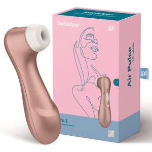 Satisfyer Pro 2 Generación 2 en color oro rosa junto a su caja rosa y azul, con cabezal blanco y diseño para Air Pulse.